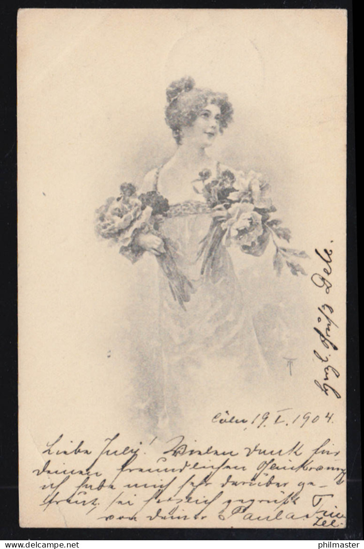 Künstler-AK Frau Mit Zwei Blumensträußen, CÖLN 19.1.1904 Nach WESEL 20.1.04 - Non Classificati