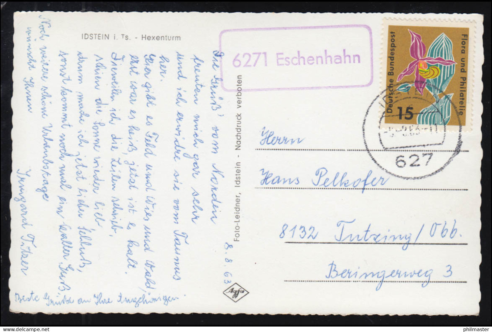 Landpost-Stempel 6271 Eschenhahn Auf AK Idstein Hexenturm, IDSTEIN 1963  - Verhalen, Fabels En Legenden