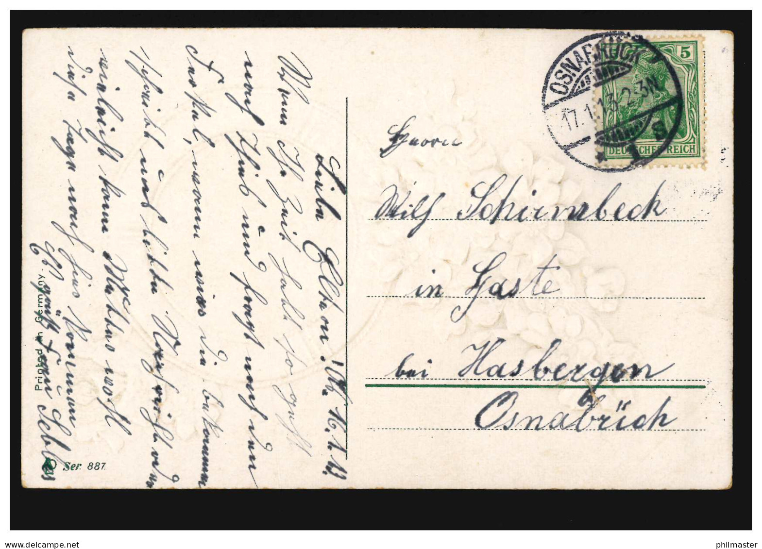 Prägekarte Glückwunsch: Rettungsring Mit Veilchen, OSNABRÜCK 17.1.1913 - Autres & Non Classés