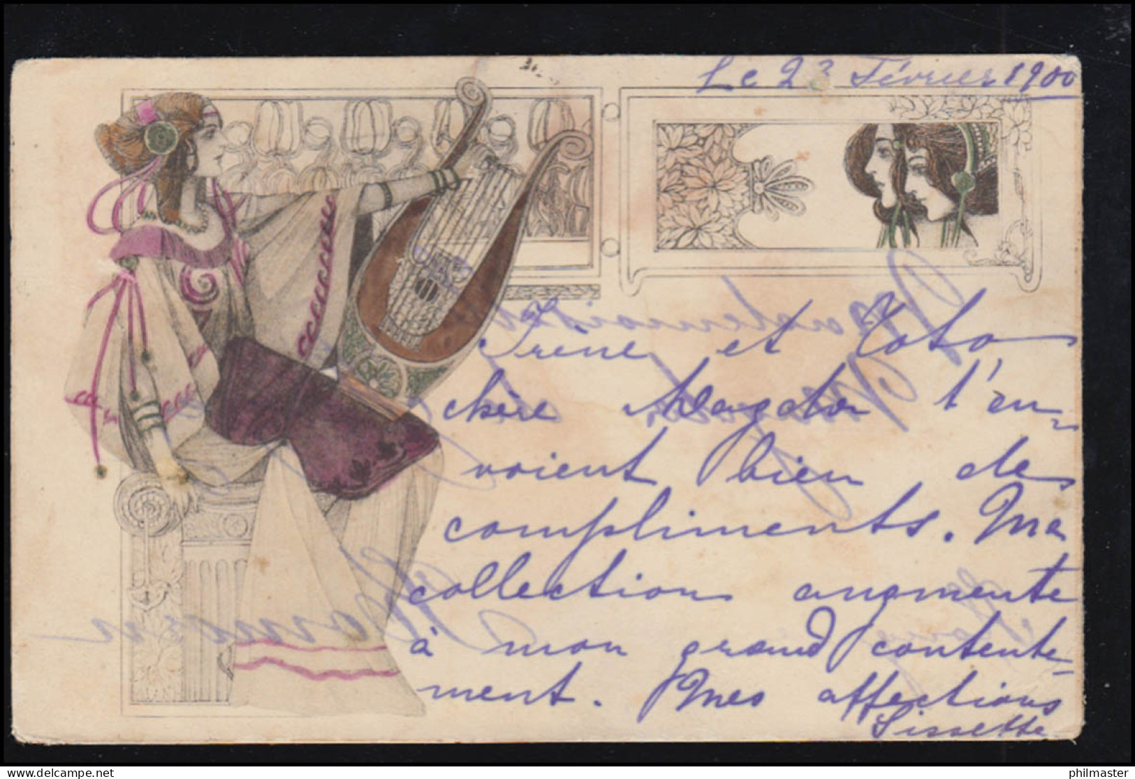 Künstler-AK Jugendstil Frau Mit Harfe, Gelaufen 8.3.1900  - Unclassified