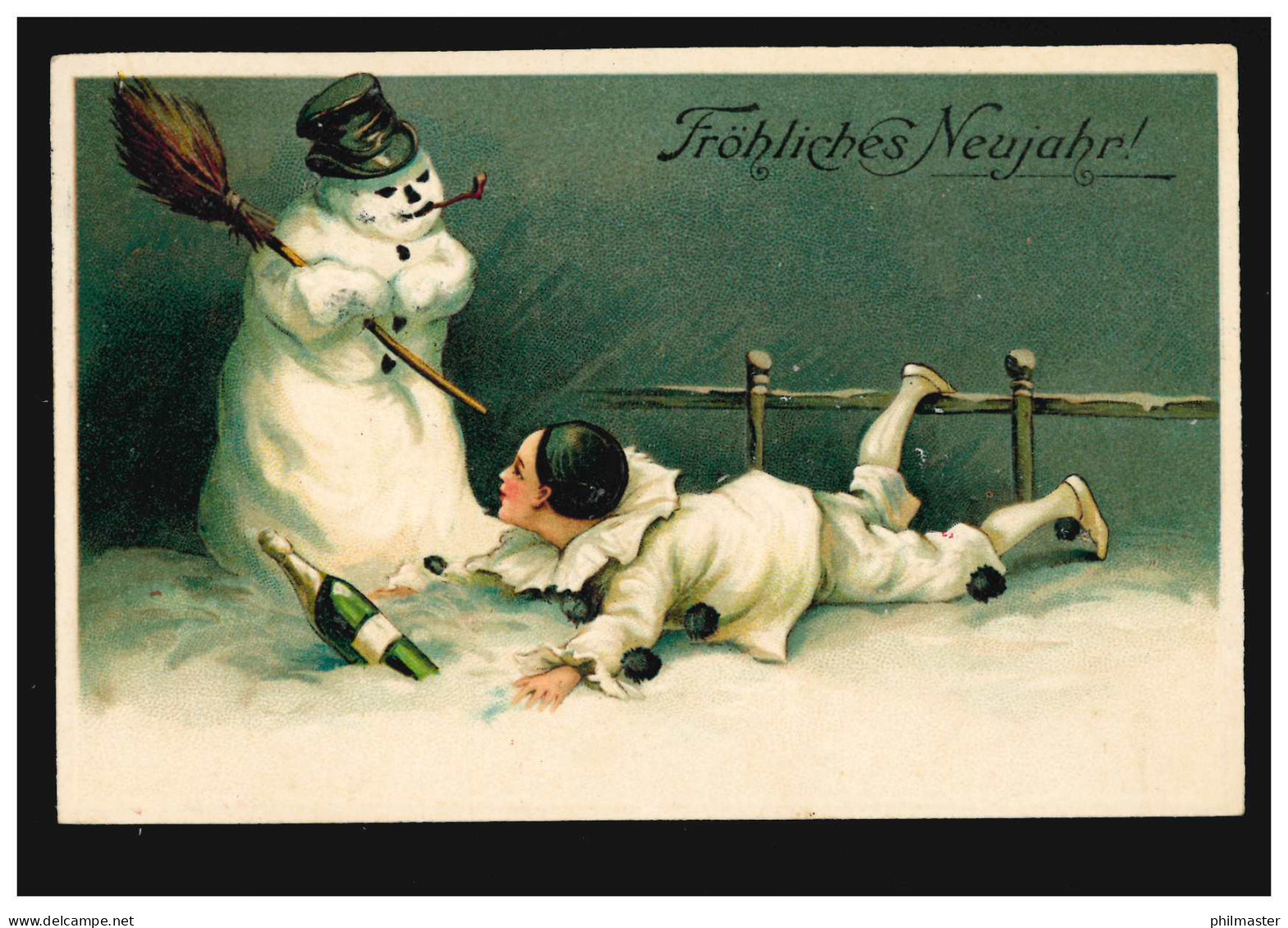 Prägekarte Neujahr Clown Sektflasche Schneemann, JEVER 31.12.1908 - Other & Unclassified