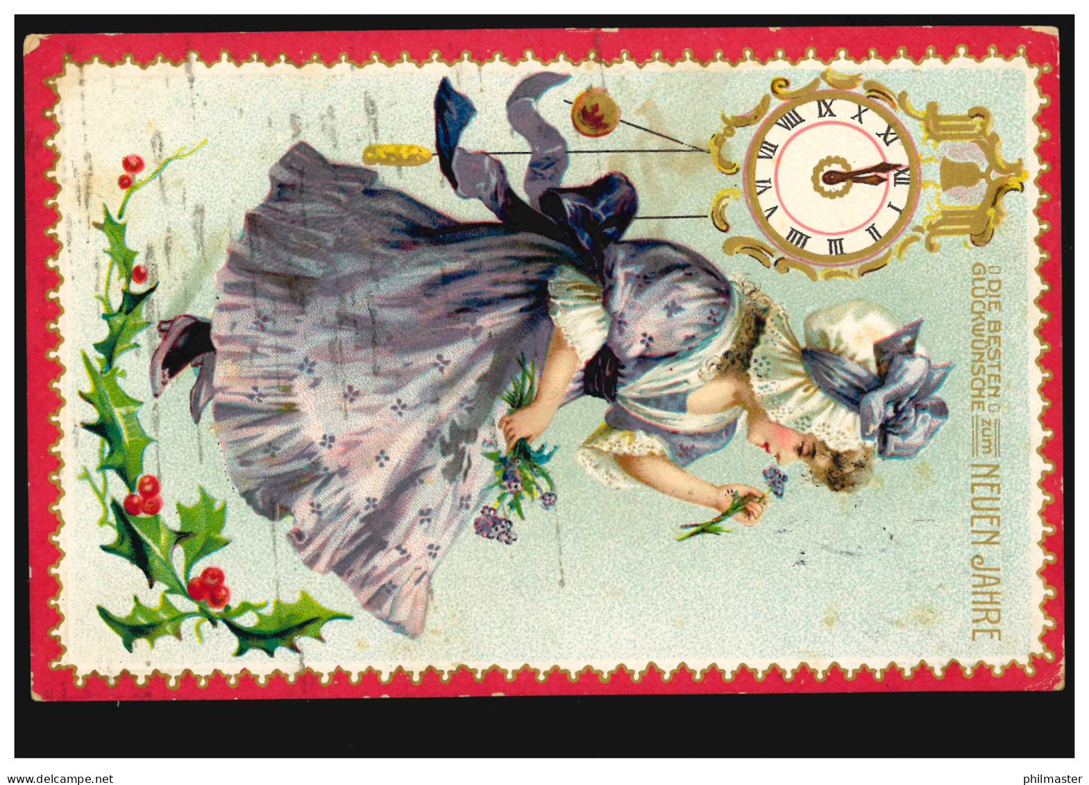 Prägekarte Neujahr Mädchen Im Violetten Kleid Silvesteruhr, WILLICH 31.12.1910 - Other & Unclassified