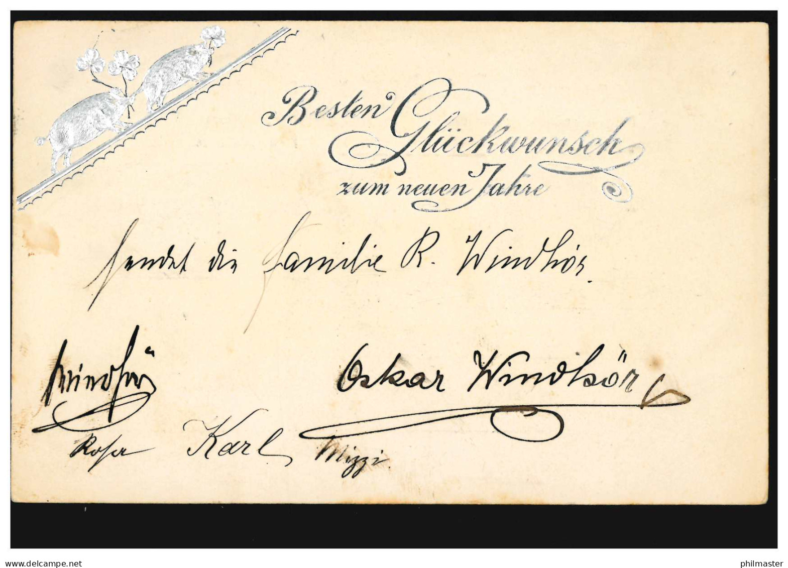 Prägekarte Mit Silberüberzug Neujahr Glücksschweine, HAAG NIEDERÖSTERREICH 1901 - Autres & Non Classés