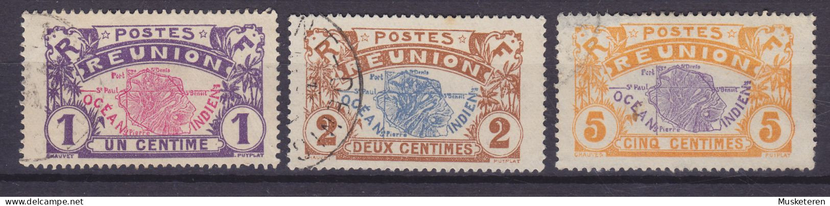 Réunion 1907 Mi. 56-57, 59 Map Karte Der Insel (o) - Gebraucht