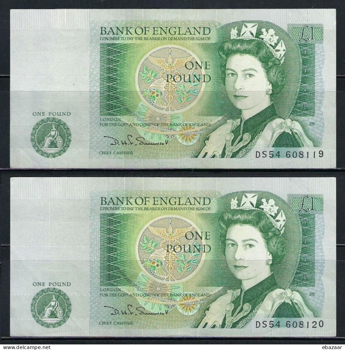 Great Britain Bank Of England 1 Pound Banknotes P-377b Consecutive Serial Numbers D. H. F. Somerset 1978-1984 UNC - 1 Pond