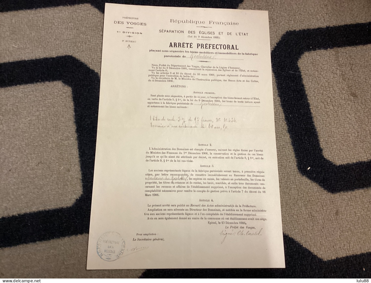 ROCHESSON Arrête Préfectoral  Séparation Des ÉGLISES Et De L’ÉTAT - Other & Unclassified