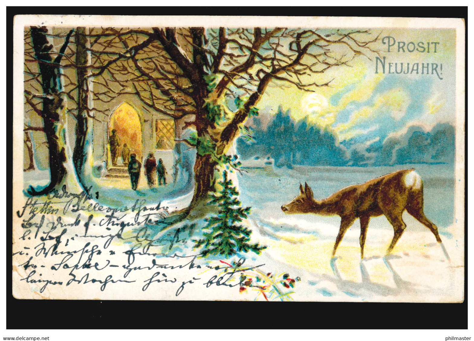 Ansichtskarte Prosit Neujahr Winterlandschaft Kirche Und Reh, STETTIN 27.12.1904 - Neujahr