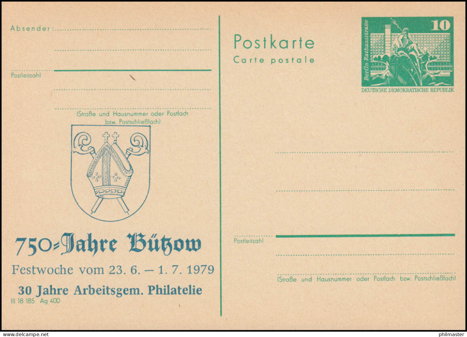 DDR P 79 Festwoche 750 Jahre Bützow Wappen 1979 Blau, ** - Andere & Zonder Classificatie