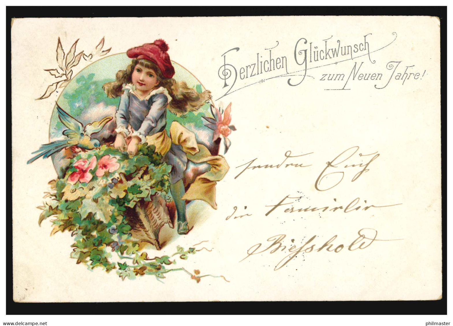 Ansichtskarte Neujahr Mädchen Mit Vielen Blumen Und Vogel, DEUBEN 1.1.1902 - Neujahr