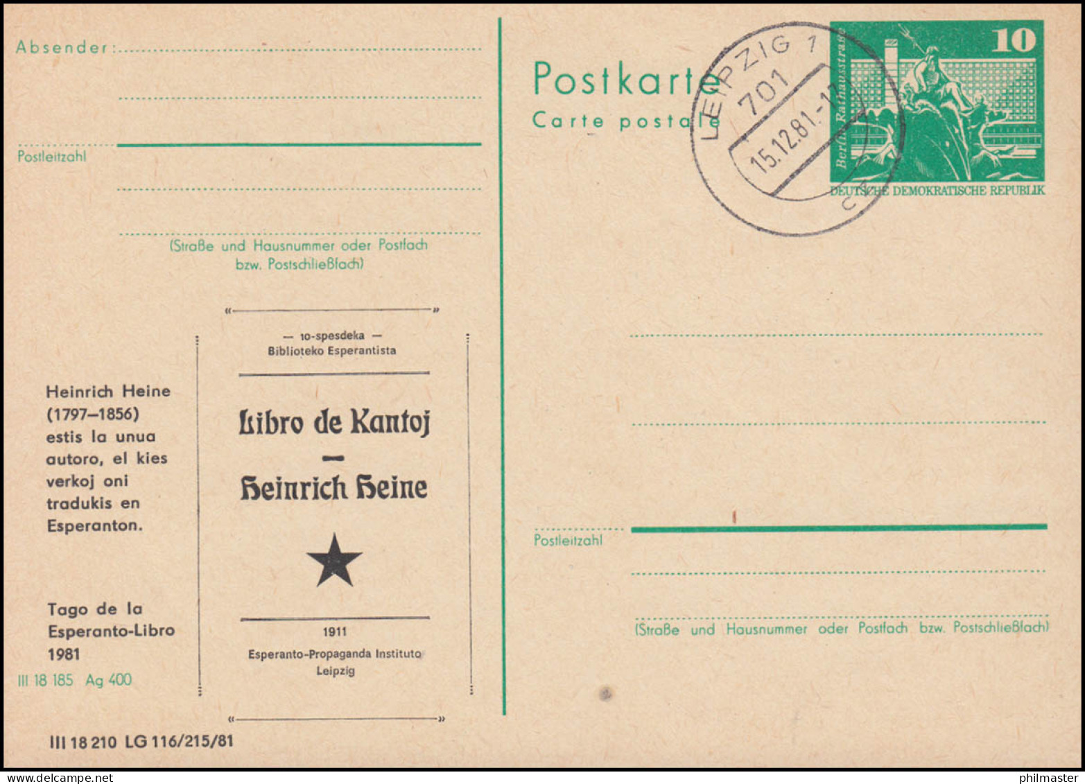 DDR P 79 ESPERANTO Libro De Kantoj Heinrich Heine 1981, LEIPZIG 15.12.81 - Otros & Sin Clasificación