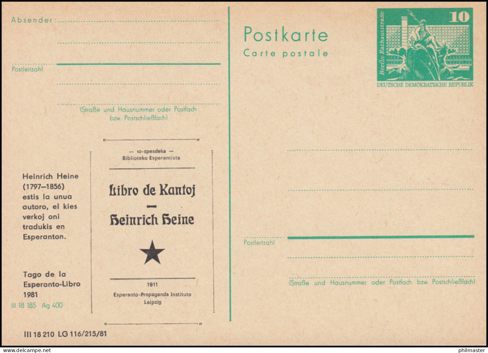 DDR P 79 ESPERANTO Libro De Kantoj Heinrich Heine 1981, ** - Sonstige & Ohne Zuordnung