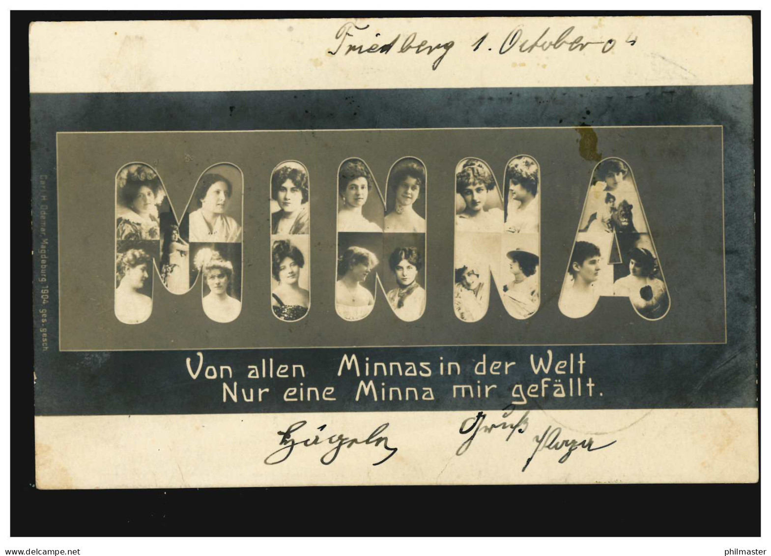 Ansichtskarte Vornamen: Minna, Frauenbilder Formen Namen, FRIEDBERG 1.10.1904 - Nomi