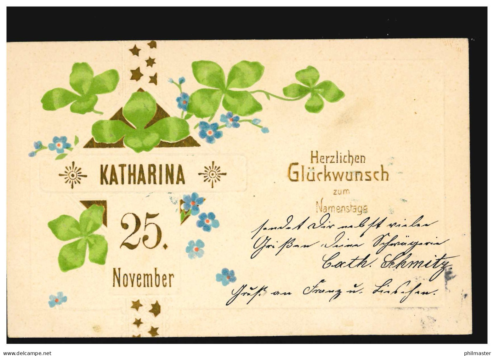 Ansichtskarte Vornamen: Katharina 25. November, Glücksklee, CÖLN 1904 - Firstnames