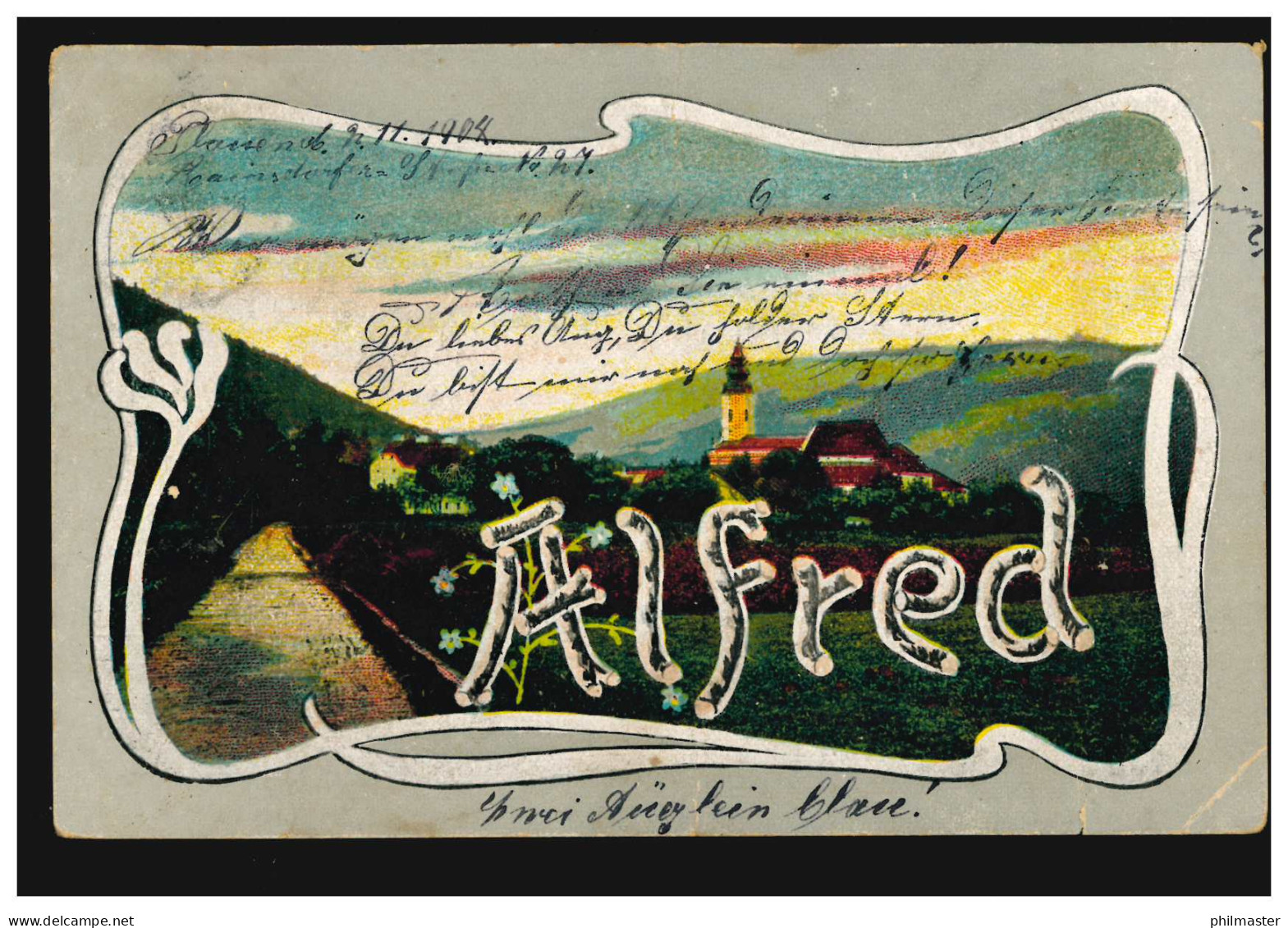 Ansichtskarte Vornamen: Alfred, Landschaft Mit Kirche, Gelaufen 3.11.1904 - Voornamen