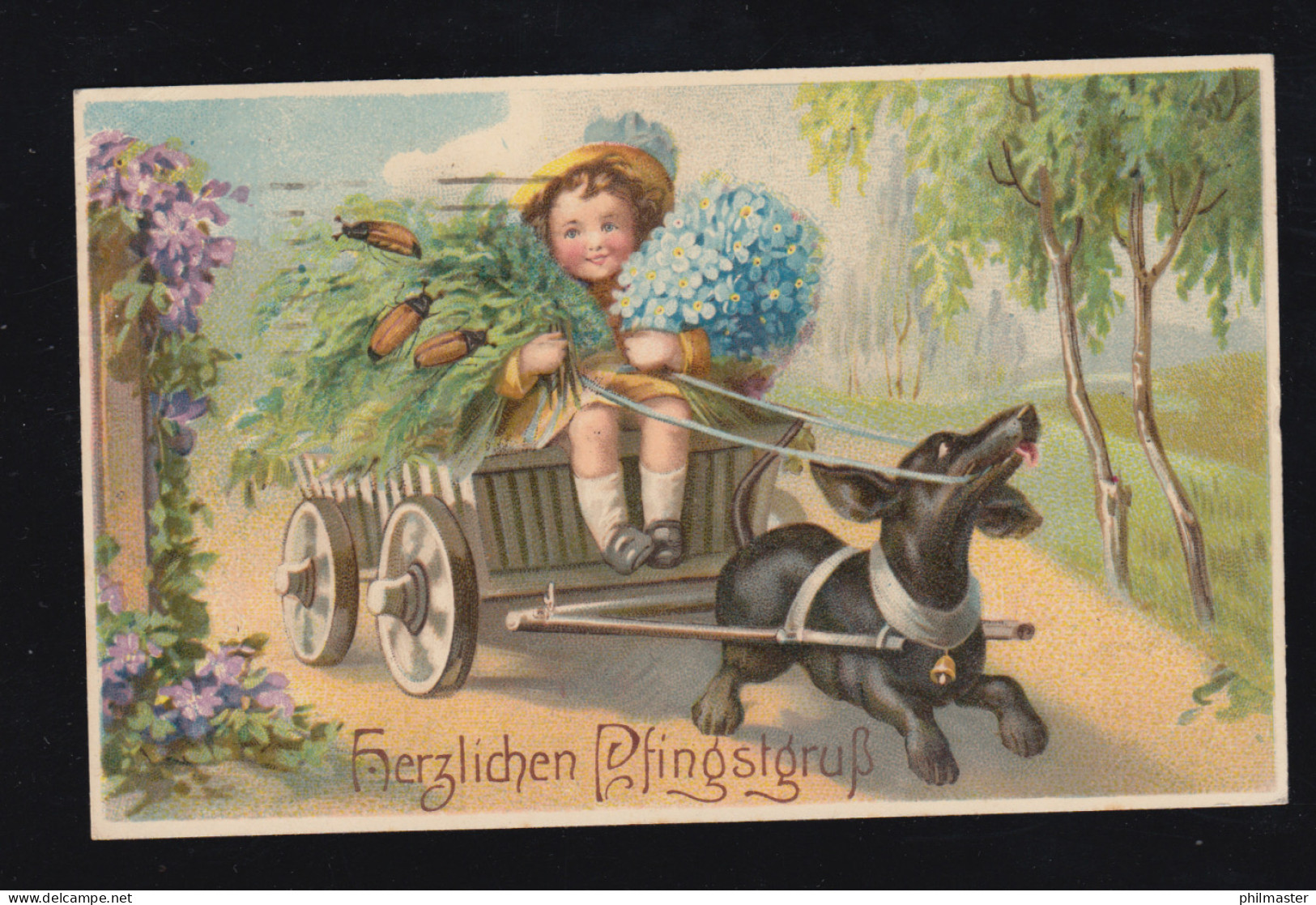 Tiere-AK Pfingsten Hund Zieht Wagen Mädchen Blumen Maikäfer, PLAUEN 6.6.1919 - Honden