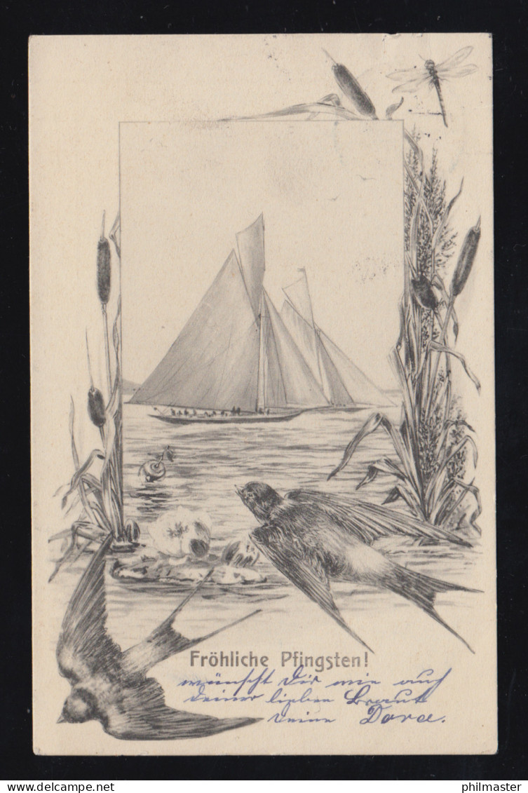 Tiere-AK Pfingsten Schwalben Libelle Segelschiffe, LÜNEBURG 21.5.1904 - Vogels