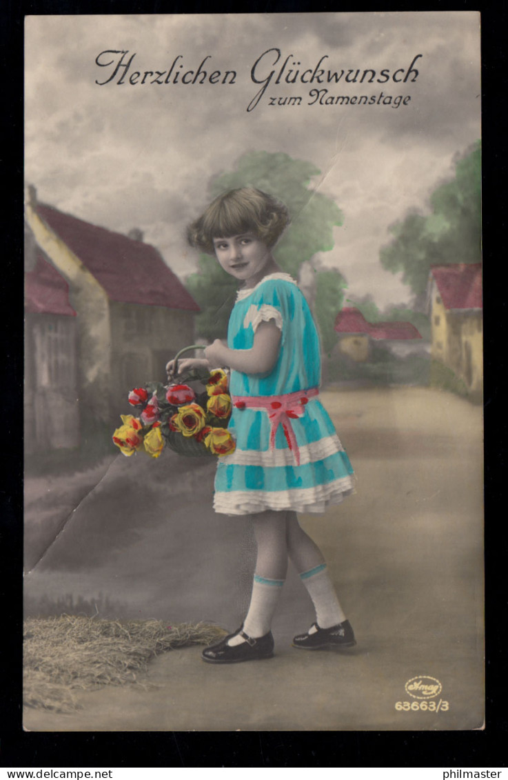 Kinder-AK Glückwünsche Namenstag: Mädchen Mit Rosen Auf Der Dorfstraße, 1928 - Other & Unclassified