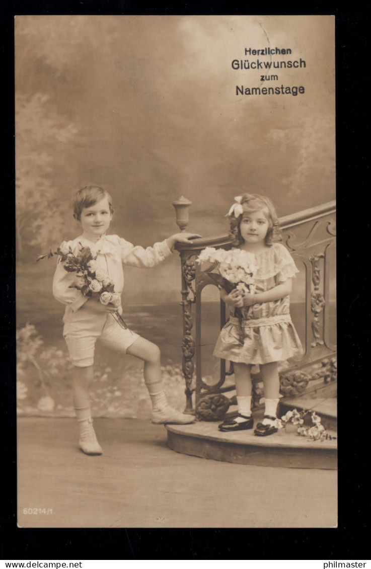 AK Glückwünsche Namenstag: Mädchen Und Junge Mit Blumen, 21.7.1913 - Autres & Non Classés