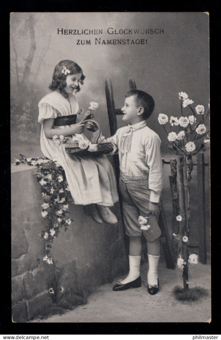 Kinder-AK Glückwünsche Namenstag: Junge Und Mädchen Mit Blumen, OBERHAUSEN 1916 - Sonstige & Ohne Zuordnung