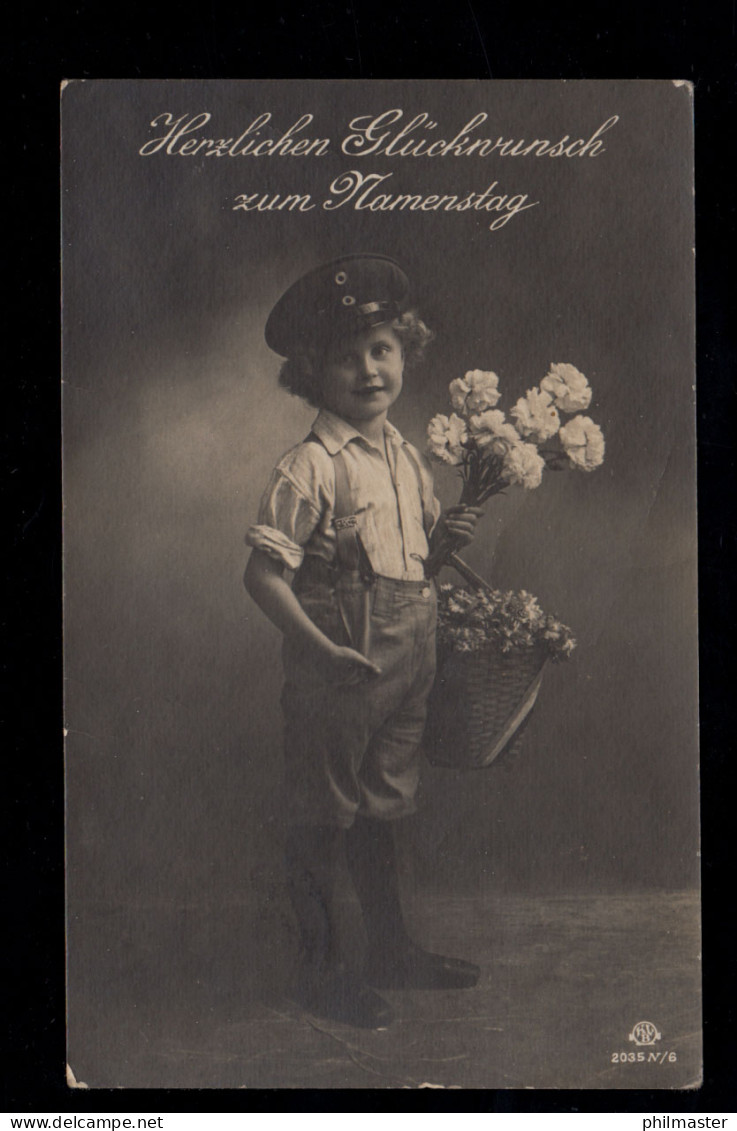 Kinder-AK Glückwünsche Namenstag: Junge Mit Mütze Und Blumen, SAARBRÜCKEN 1923 - Autres & Non Classés
