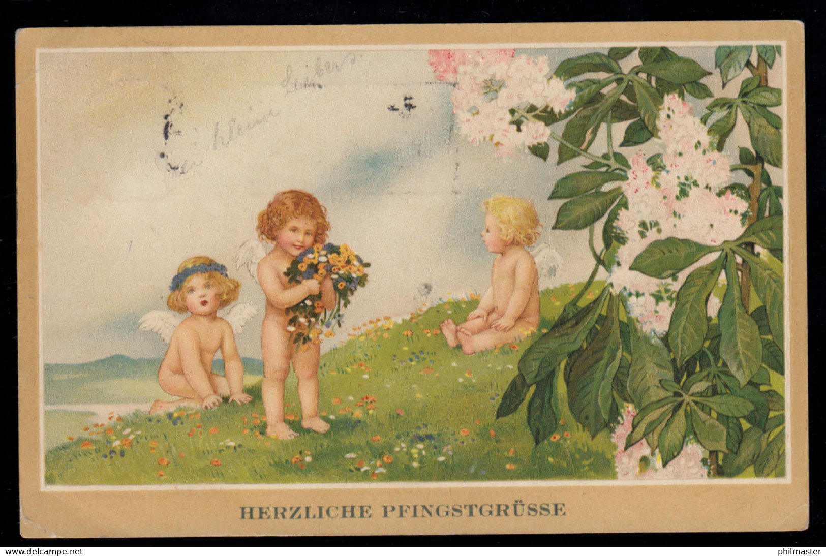 AK Glückwünsche Pfingsten: Drei Engel Auf Blumenwiese, HAMBURG 3.6.1927 - Other & Unclassified