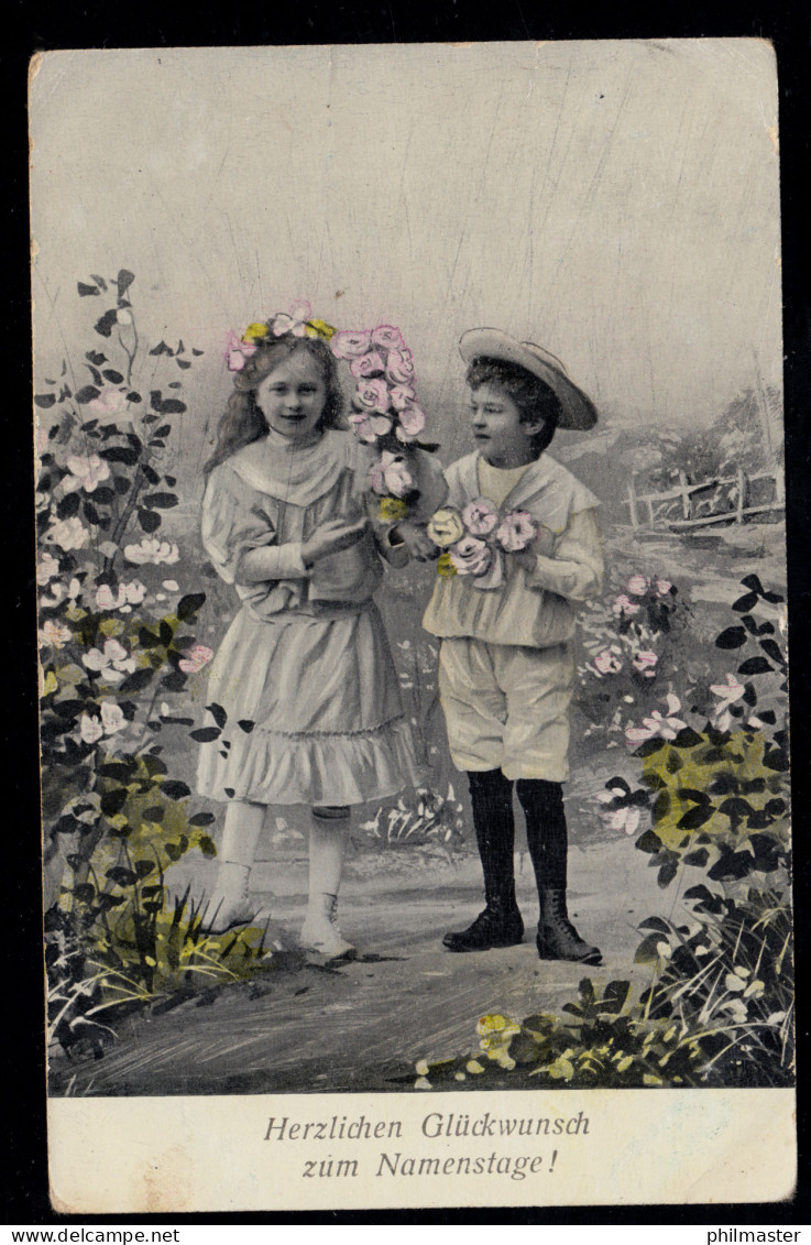 AK Glückwünsche Namenstag: Kinder Mit Rosengirlande, STUTTGART 25.2.1907 - Autres & Non Classés