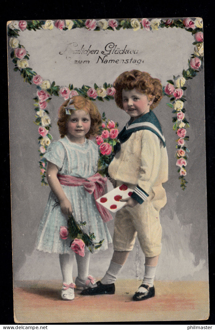 AK Glückwünsche Namenstag: Kinder Mit Rosen Und Karte, BASEL ST. ALBAN 1916 - Sonstige & Ohne Zuordnung