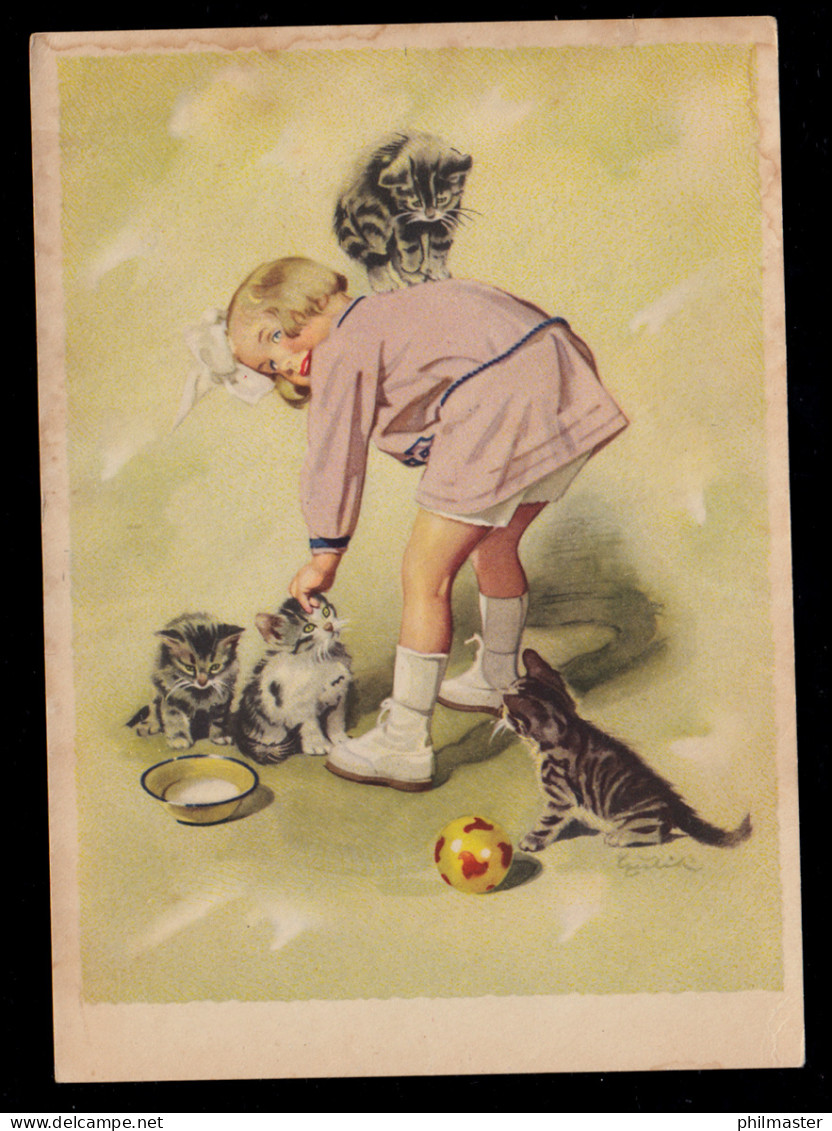 Tiere-AK Mädchen Mit Milch Für Vier Spielende Katzen-Kinder, Ungebraucht - Chats
