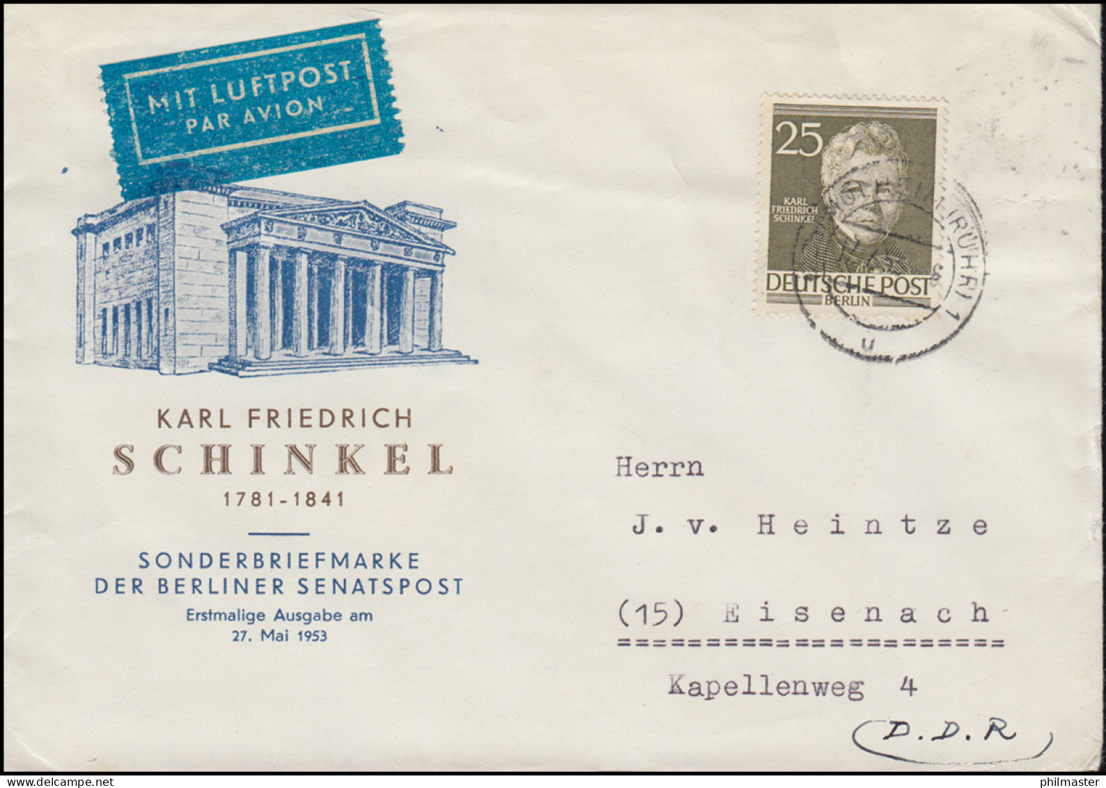 98 Karl Friedrich Schinkel Als EF Auf Luftpost-Brief MÜLHEIM (RUHR) 17.7.1953 - Cartas & Documentos