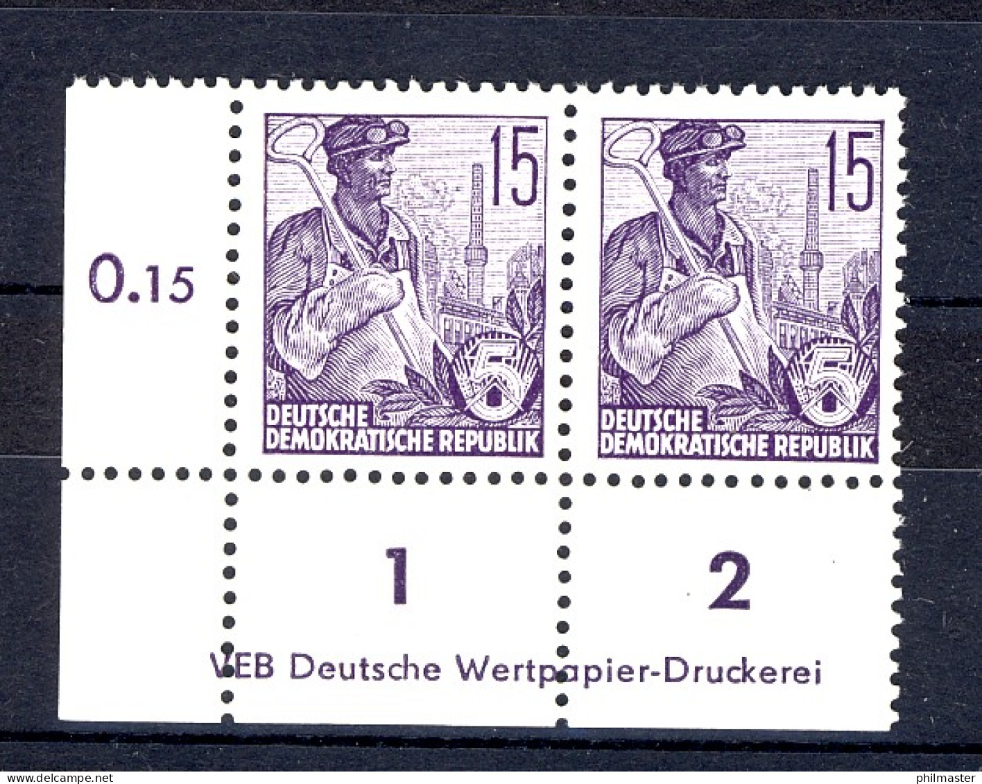 579A DV8 1-2 Fünfjahrplan 15 Pf Eckrand-Paar - Druckvermerk, Ungefaltet, ** - Unused Stamps