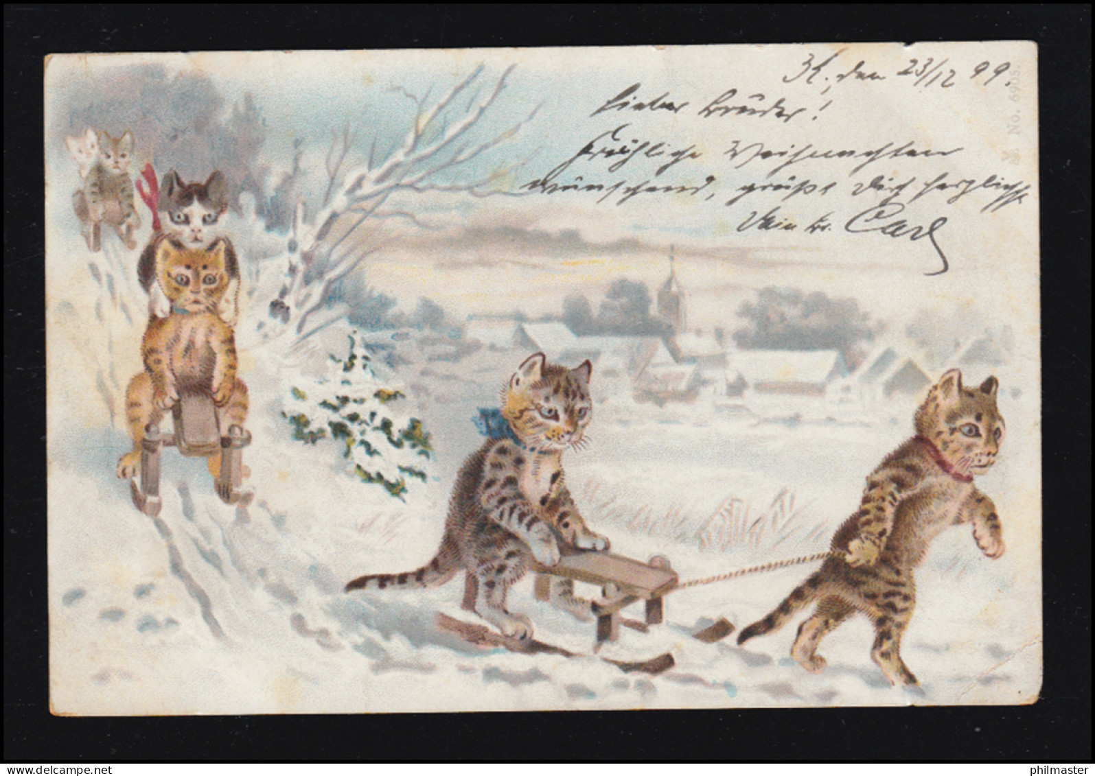 AK Vermenschlichte Tiere: Katzen Im Winter Schlittenfahrt Rodeln CÖLN 23.12.1899 - Katten