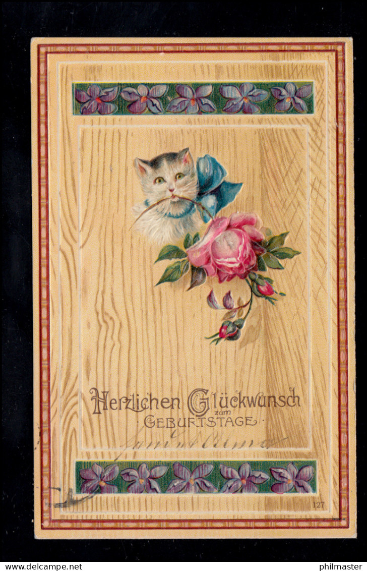 Tiere-AK Geburtstag: Katze Mit Rosenweig, CHARLOTTENBURG 8.2.1908 - Katzen