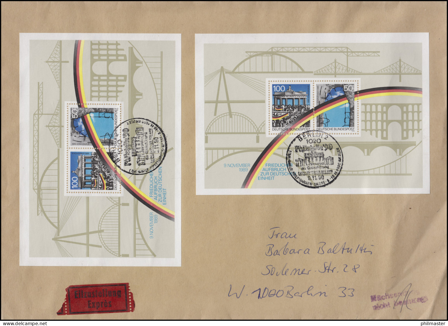 Block 22 Grenzöffnung & Maueröffnung 1990 MeF Orts-Eil-Brief SSt Berlin 9.11.90 - Unclassified