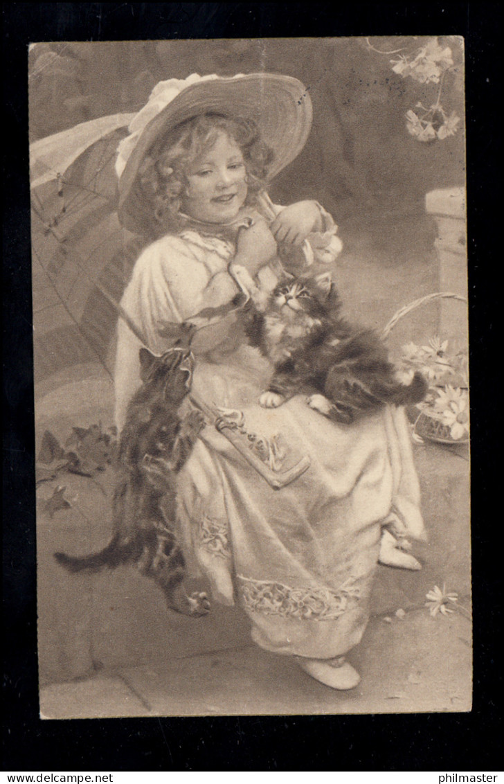 AK Mädchen Mit Schirm Und Spielende Katzen-Kinder, OBERHAUSEN 11.7.1915 - Katzen