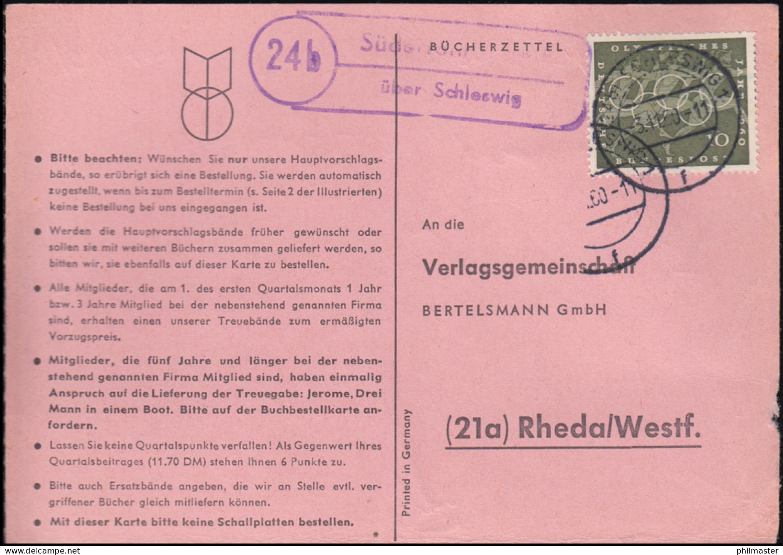 Landpost-Stempel Süderfahrenstedt über SCHLESWIG 3.11.1960 An Bertelsmann-Verlag - Autres & Non Classés