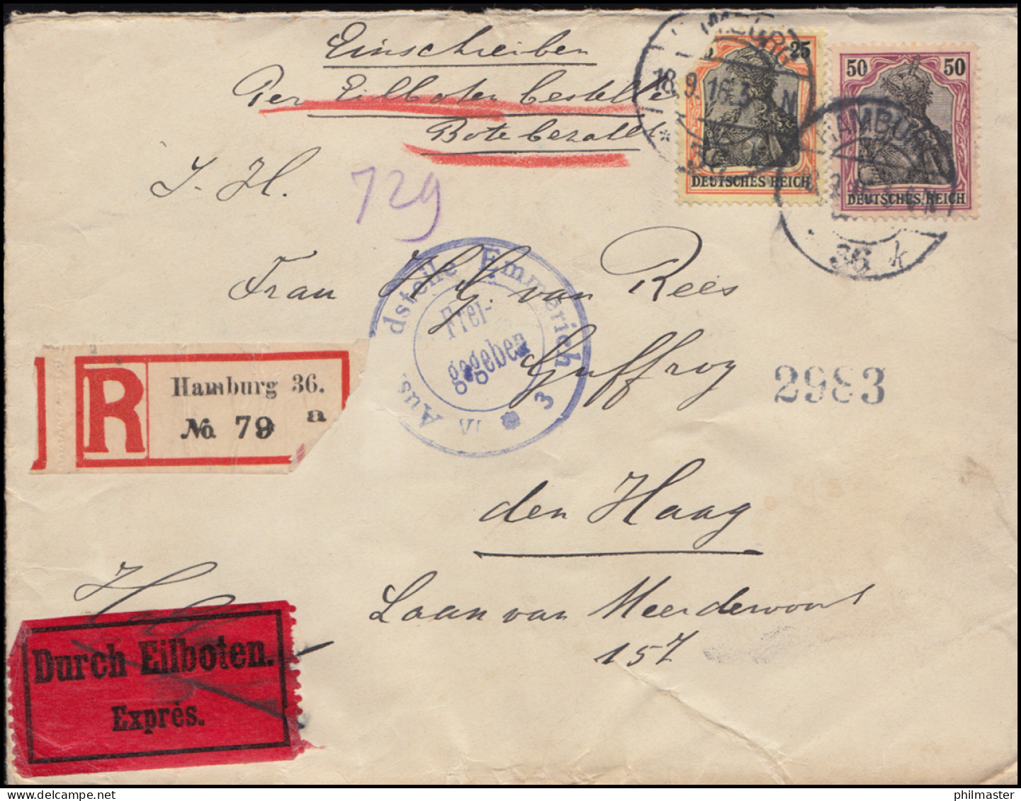 Zensur Auslandsstelle Emmerich Eil-R-Brief Germania-Frankatur HAMBURG 18.9.1916 - Sonstige & Ohne Zuordnung