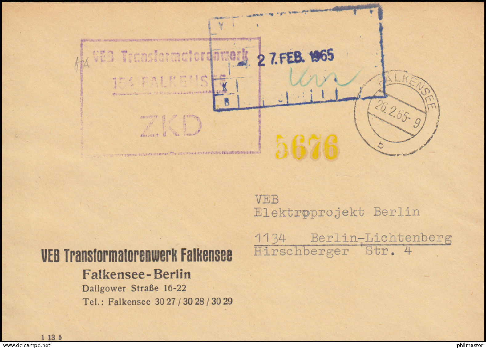 ZKD-Brief VEB Transformatorenwerk FALKENSEE 26.2.65 An Elektroprojekt In Berlin - Autres & Non Classés