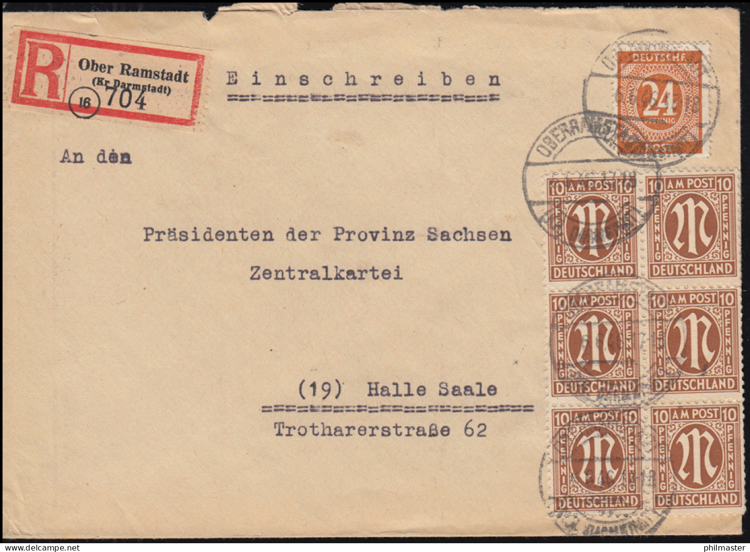 6 AM-Post 10 Pf. Mit 925 Kontrollrat MiF R-Brief OBERRAMSTADT / DARMSTADT 6.6.46 - Lettres & Documents