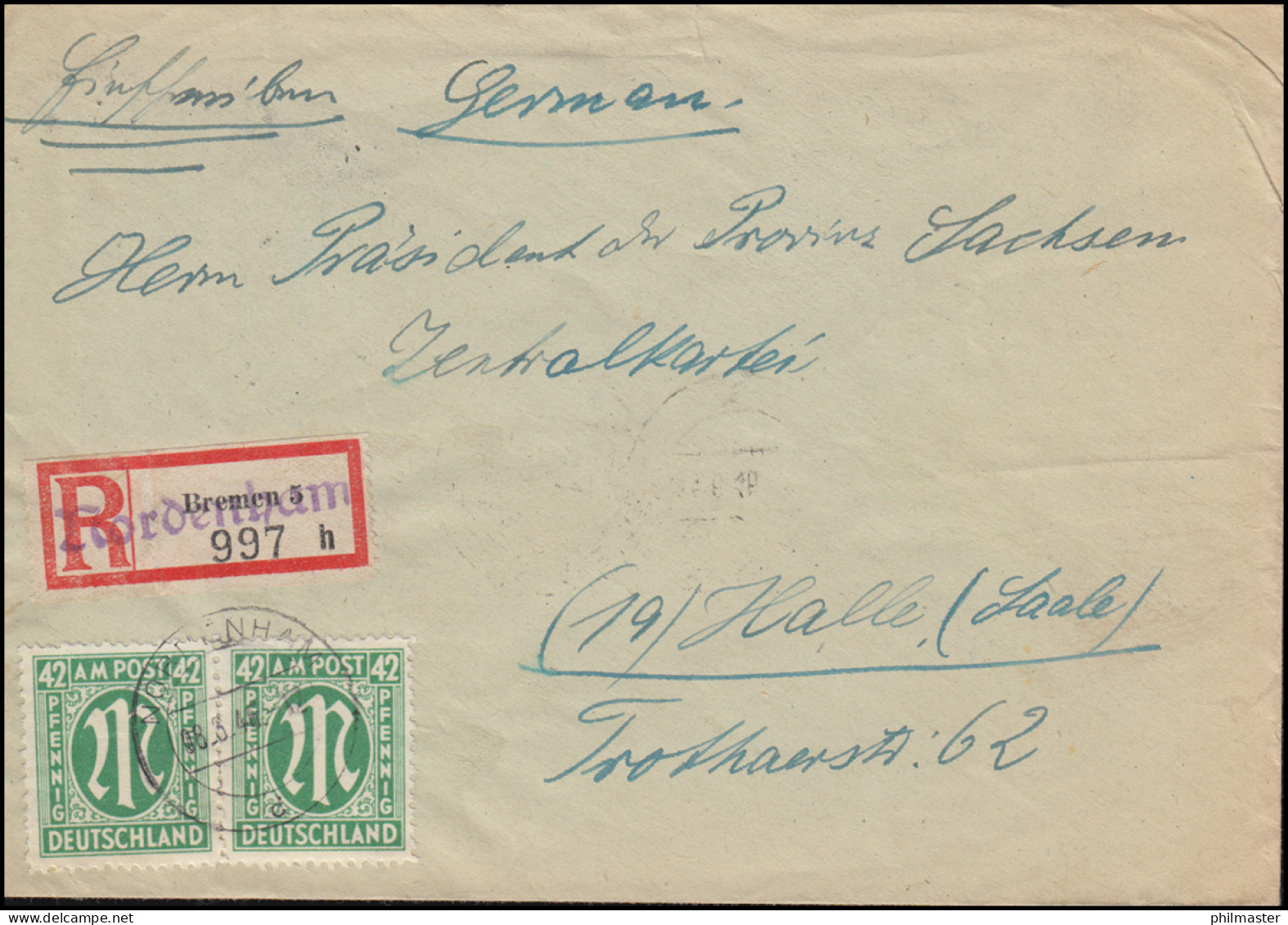 31 AM-Post 42 Pf. MeF R-Brief Not-R-Zettel NORDENHAM 8.6.1946 Nach HALLE/SAALE - Lettres & Documents