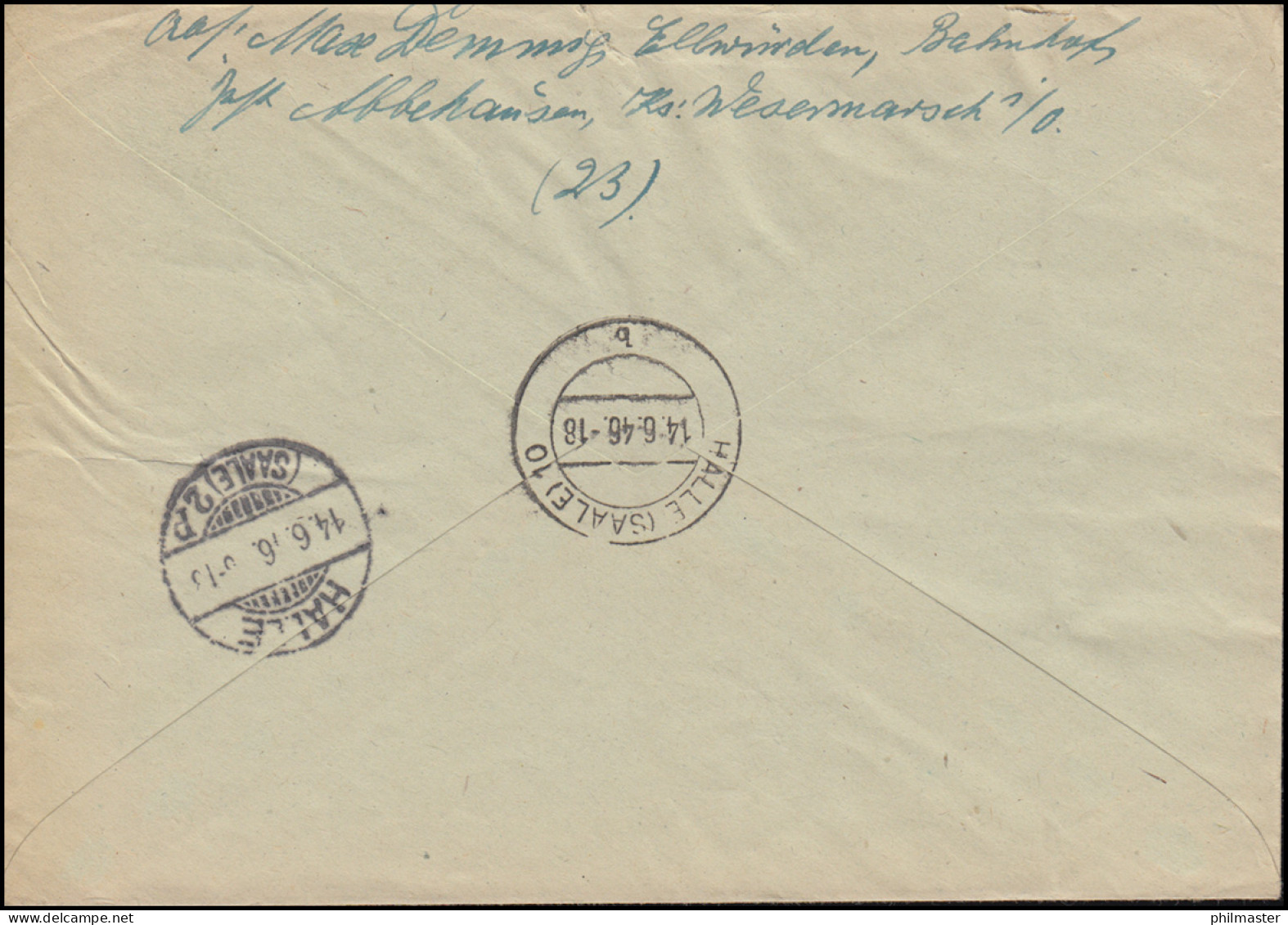 31 AM-Post 42 Pf. MeF R-Brief Not-R-Zettel NORDENHAM 8.6.1946 Nach HALLE/SAALE - Storia Postale