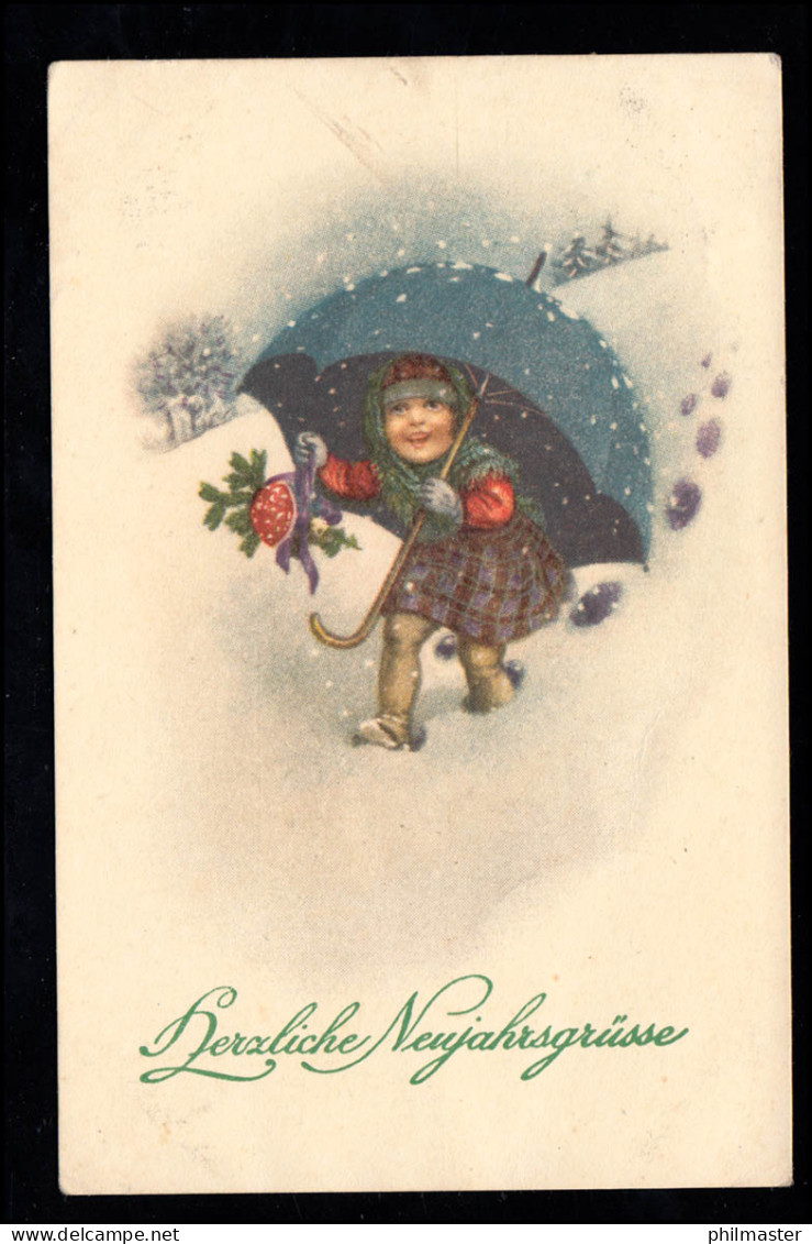 Kinder-AK Neujahr: Mädchen Unter Regenschirm Mit Fliegenpilz, 30.12.1928  - Autres & Non Classés