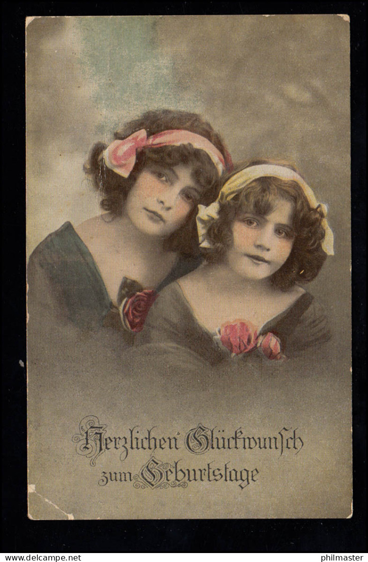 Kinder-AK Geburtstag: Zwei Mädchen Mit Haarschleife Und Rosen HANNOVER 23.7.1918 - Autres & Non Classés