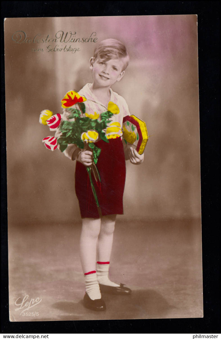 Kinder-AK Geburtstag: Junge Mit Blumen Und Konfekt, OBERAUDORF 15.5.1935 - Autres & Non Classés