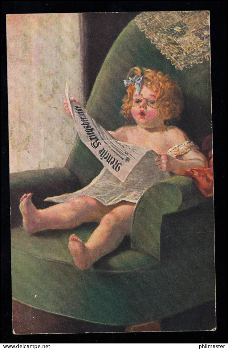 Kinder-AK Mädchen Mit Brille Liest Zeitung Auf Dem Sofa, BAD NEUHEIM 22.9.1917 - Other & Unclassified