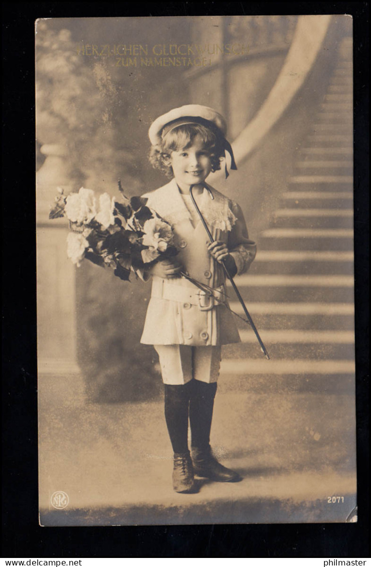 Kinder-AK Namenstag: Mädchen Mit Mütze Blumen Gehstock, DÜREN 5.12.1912 - Autres & Non Classés
