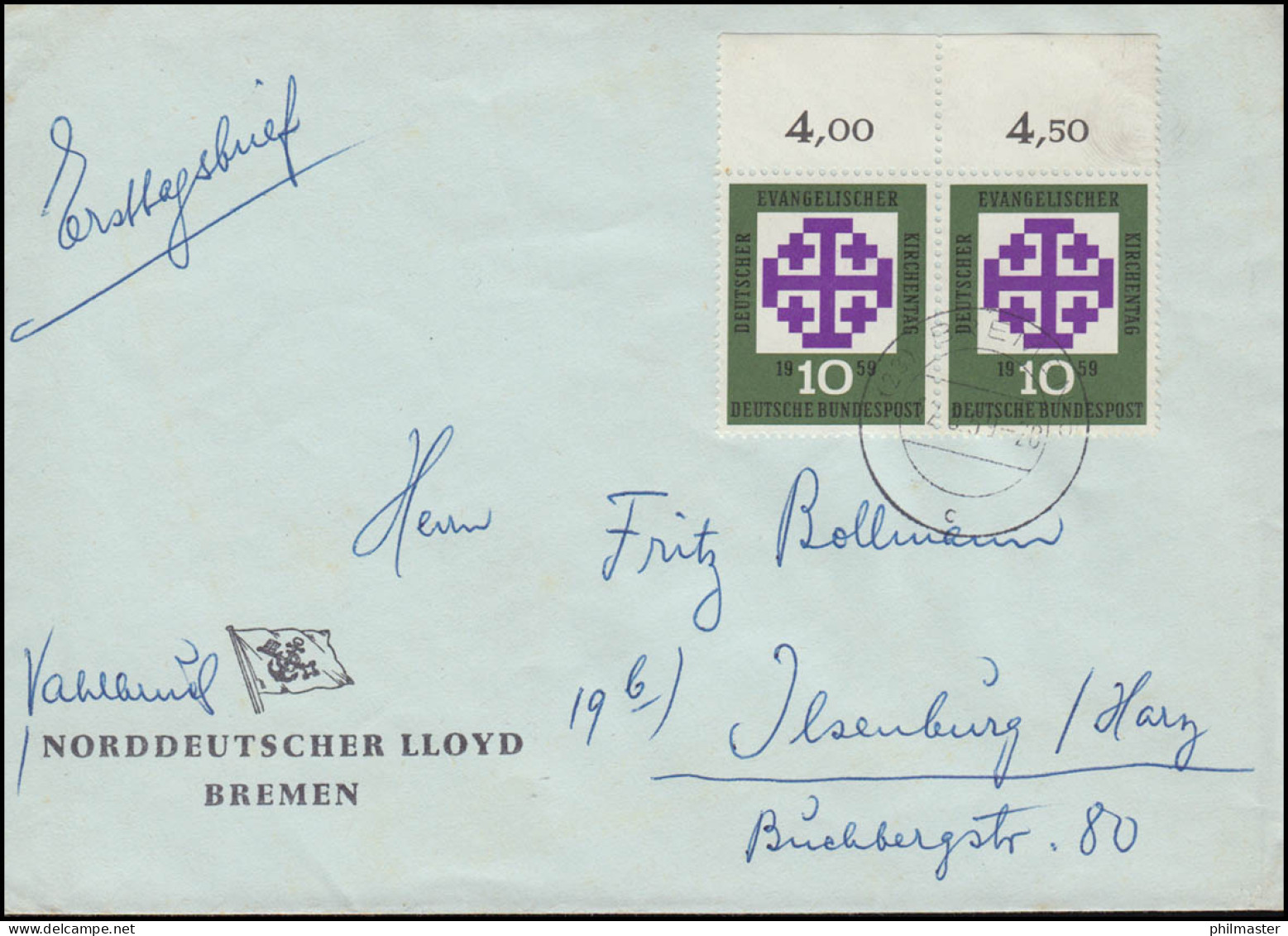 314 Evangelischer Kirchentag OR-Paar Als MeF Auf FDC ET-O BREMEN 12.8.1959 - Andere & Zonder Classificatie