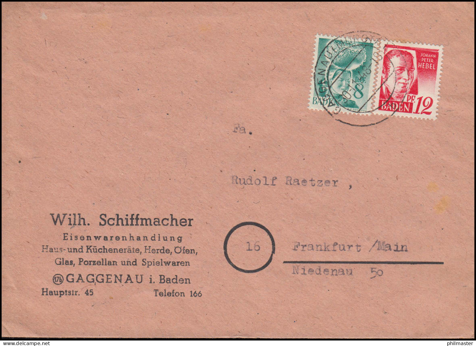 Franz. Zone Baden 16+18 Freimarken MiF Auf Brief GAGGENAU (MURGTAL) 30.11.1948 - Altri & Non Classificati