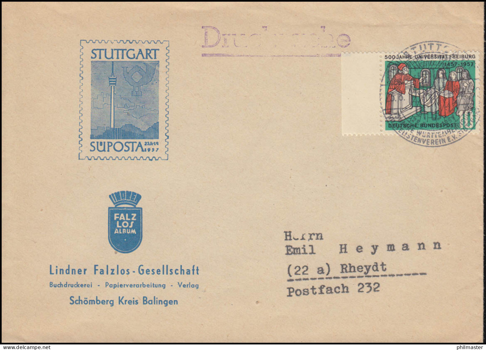 256 Uni Freiburg EF Schmuck-Drucksache SÜPOSTA Passender SSt STUTTGART 23.8.1957 - Sonstige & Ohne Zuordnung