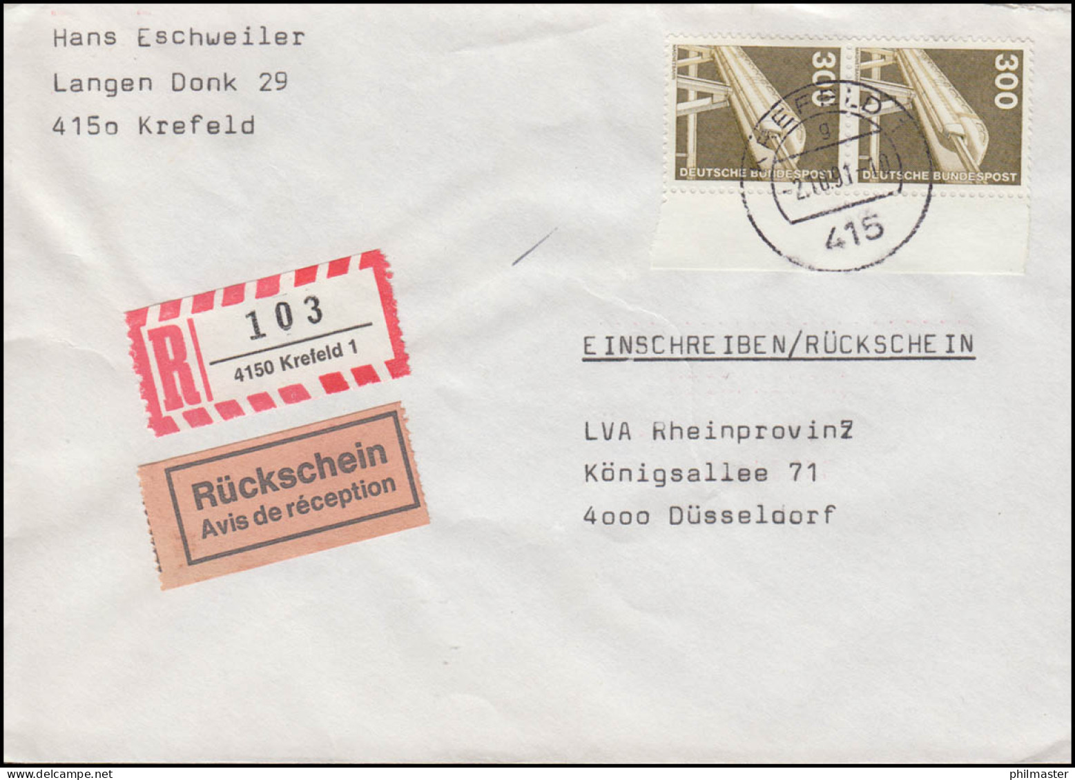 1138 IuT 300 Pf Als Senkrechtes Randpaar MeF R-Brief Mit RS KREFELD 2.10.1991 - Brieven En Documenten