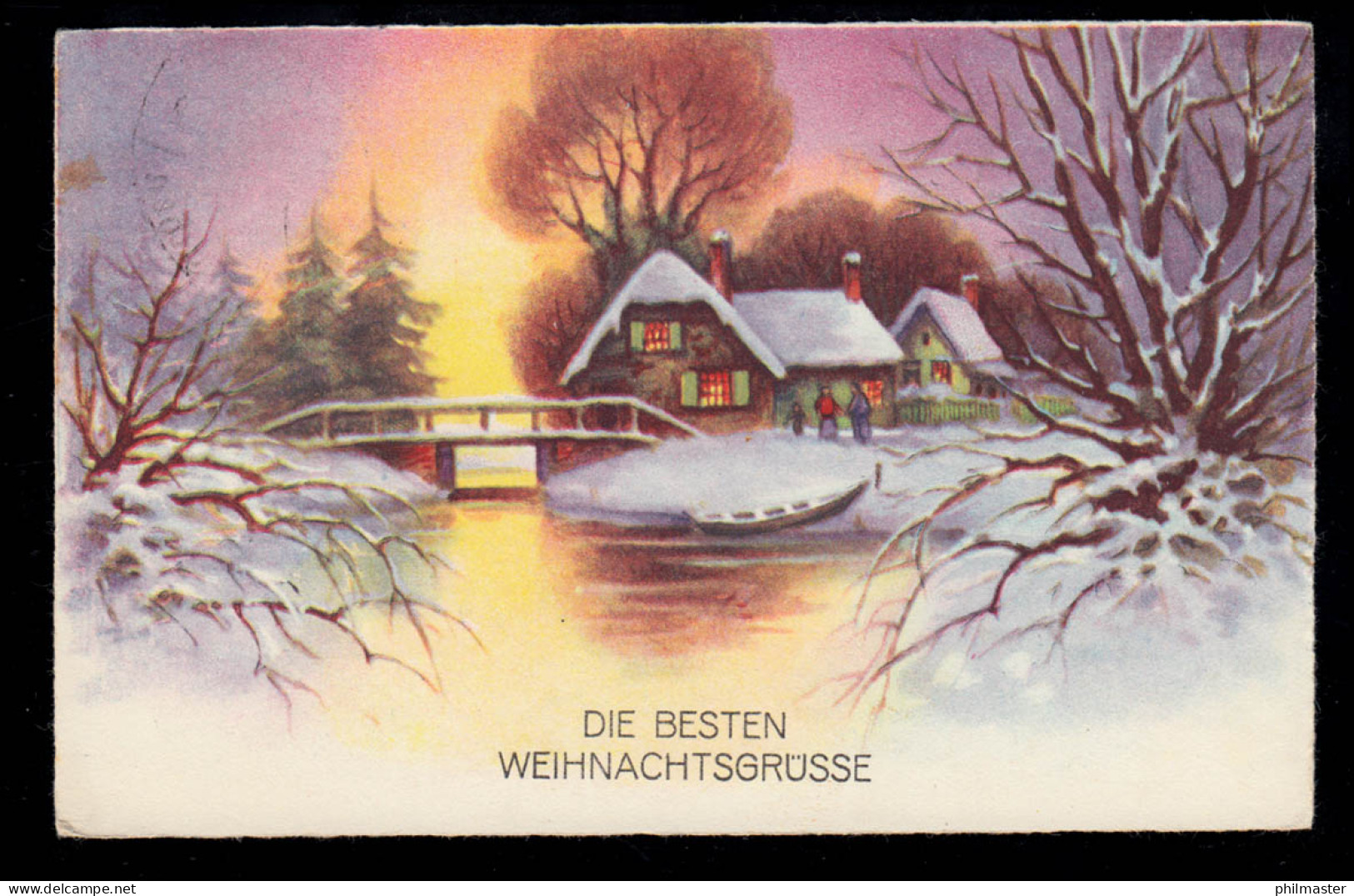 AK Weihnachten: Dorfidylle Sonnenuntergang Fluß Brücke, SSt PULSNITZ 24.12.1933 - Other & Unclassified